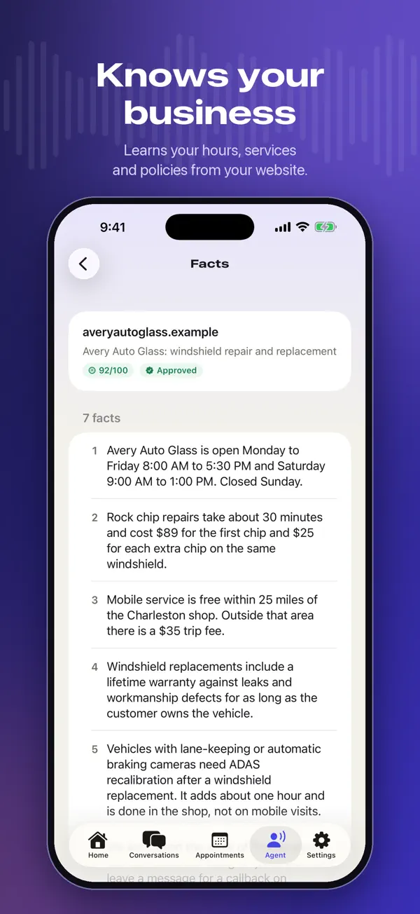ModPhone app facts screen: everything the agent learned from the business website, ready to review and edit