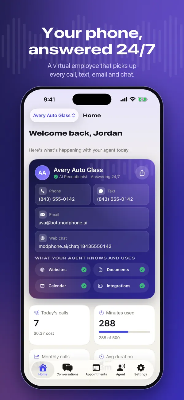 ModPhone app home screen: today's calls, minutes used, and the agent's phone, text, email and web chat channels