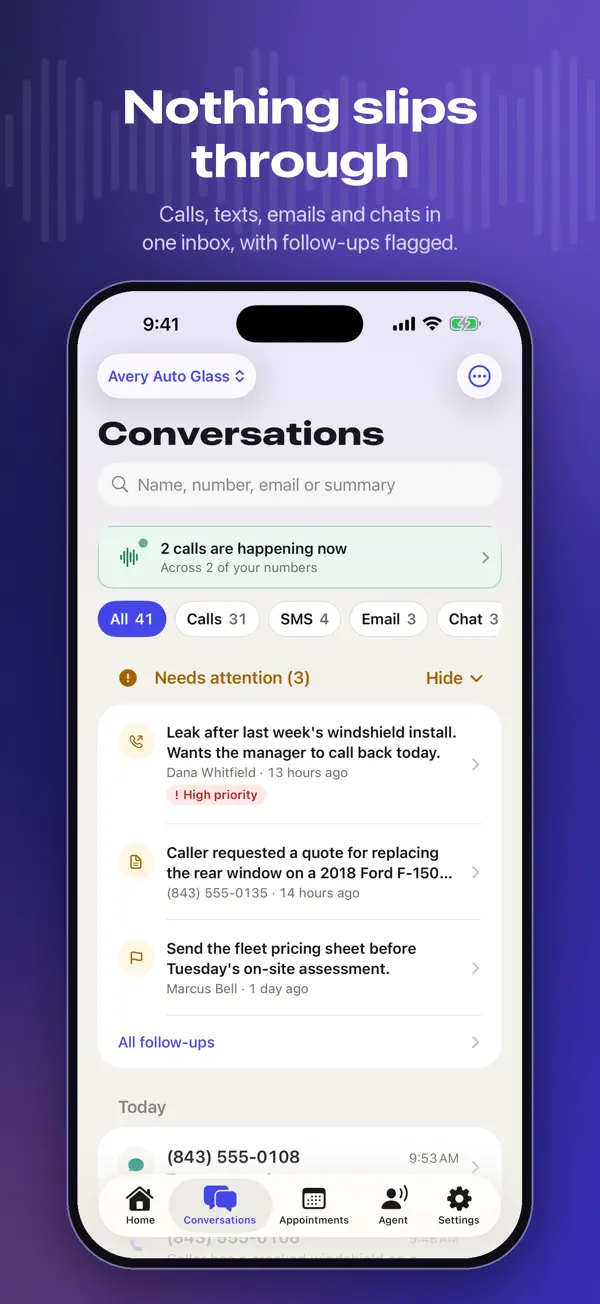 ModPhone app conversations inbox: calls, texts, email and chat together, with a needs-attention list