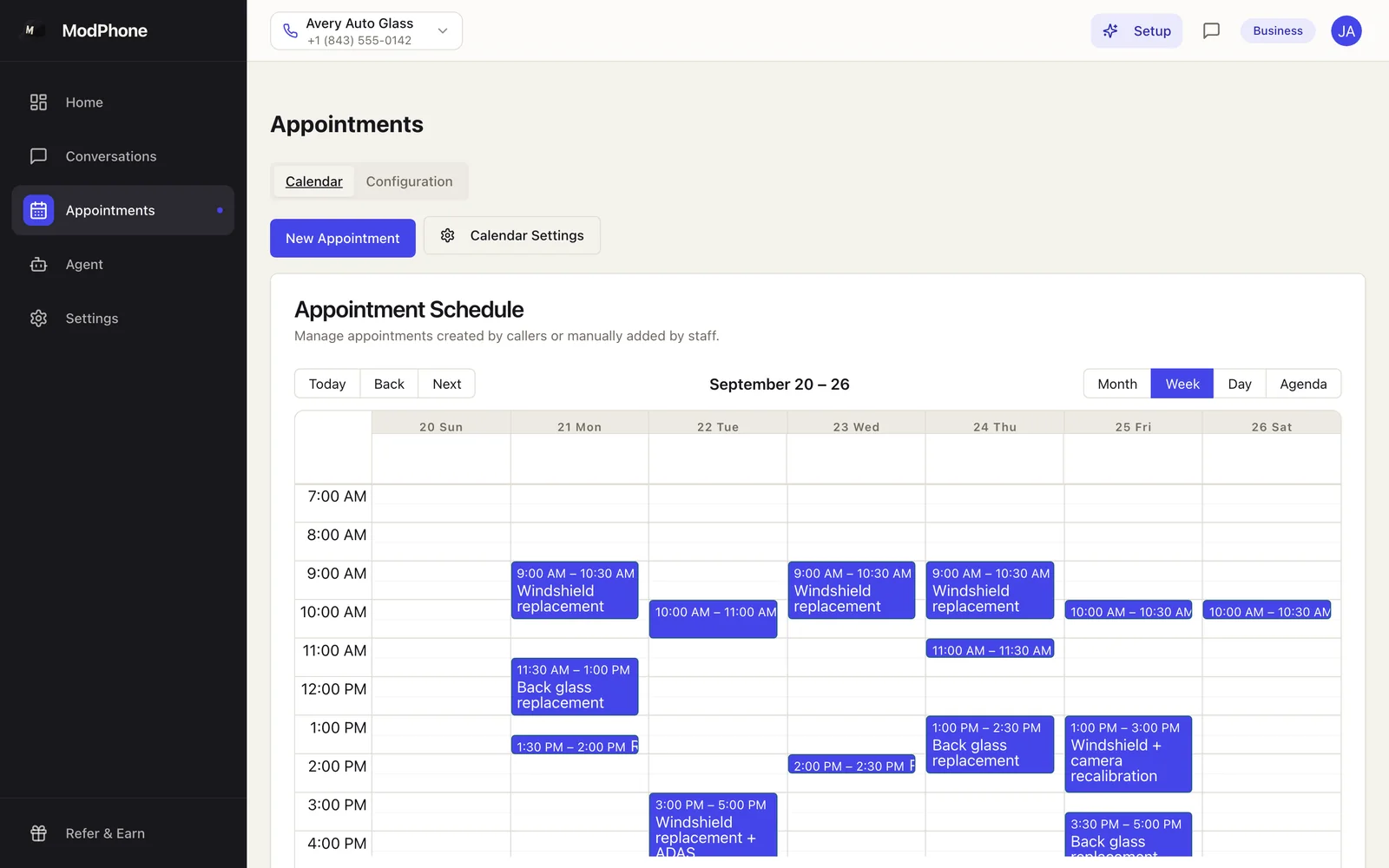 The ModPhone appointments calendar, with bookings the agent made