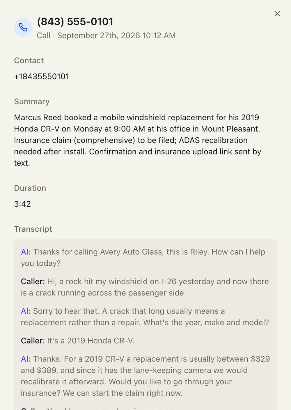 A call in ModPhone: the summary of what the caller booked, above the full transcript