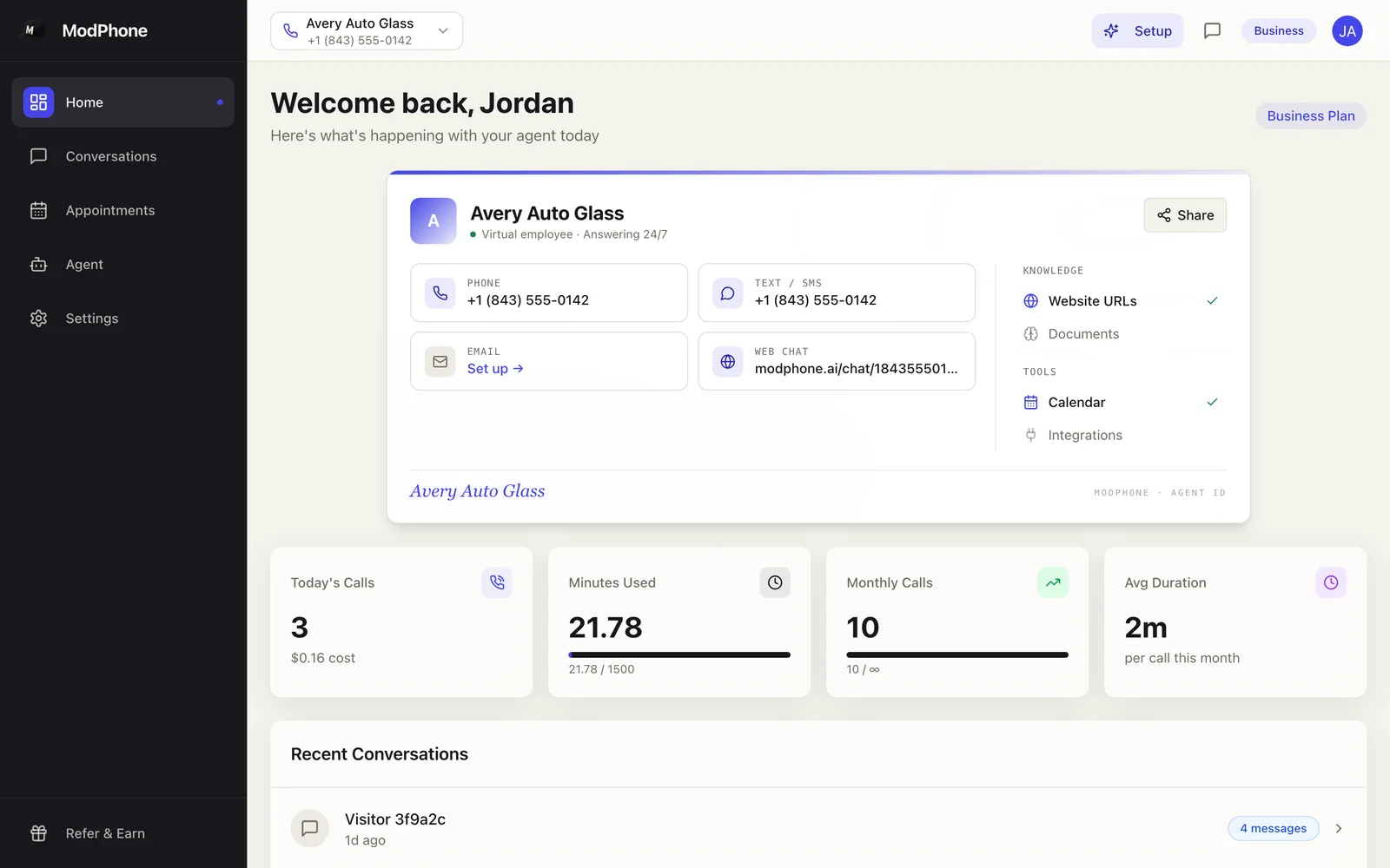 The ModPhone dashboard you land in after signing up, with the phone, text and web chat channels and today's calls