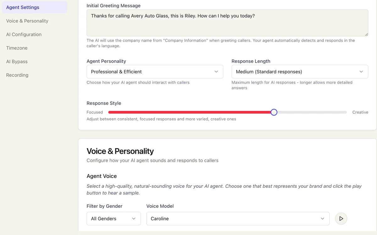 The agent's settings: greeting, personality, response length and voice