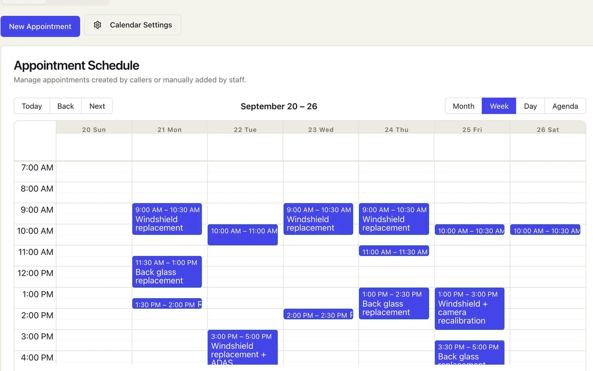 The appointment calendar with windshield replacements booked by callers