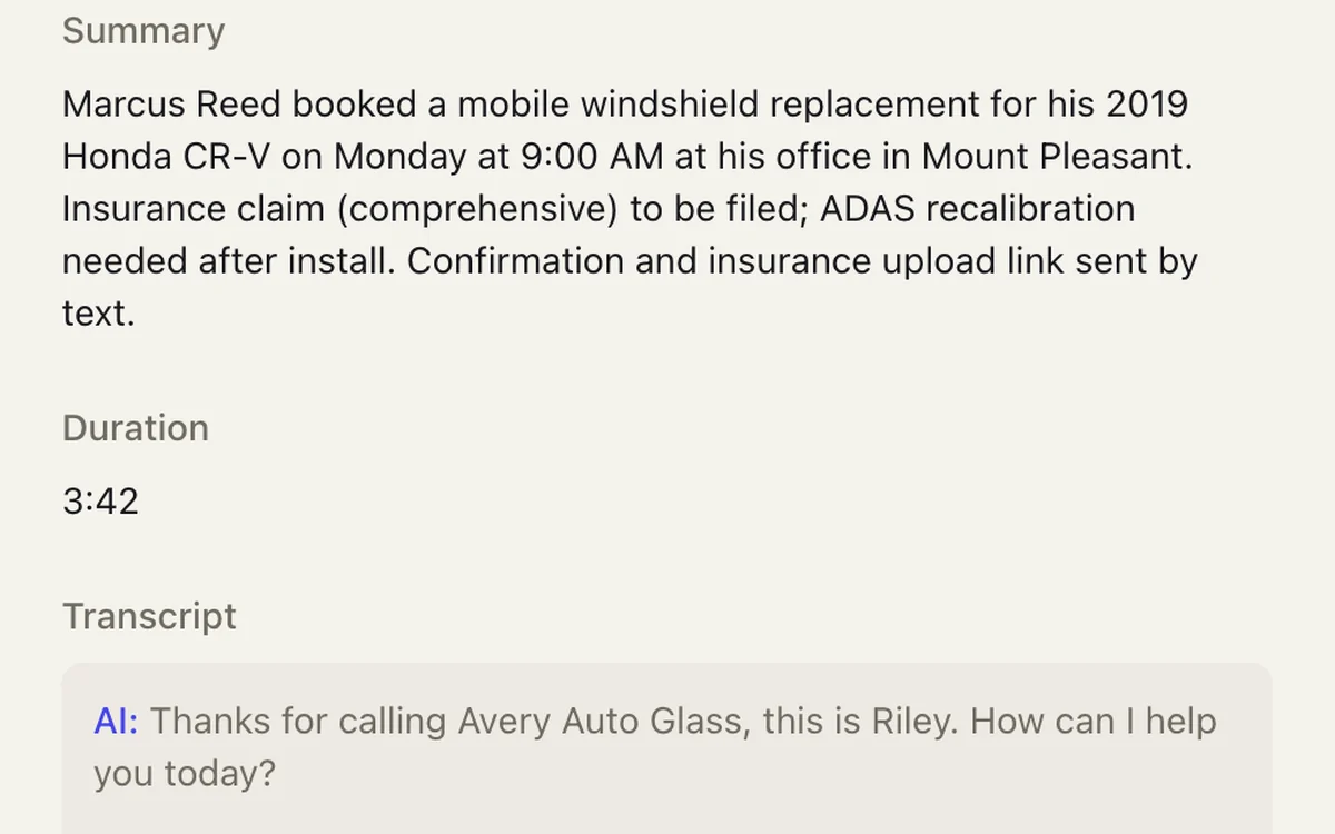 A call summary in ModPhone: the booking it made, the insurance link it texted, and the start of the transcript