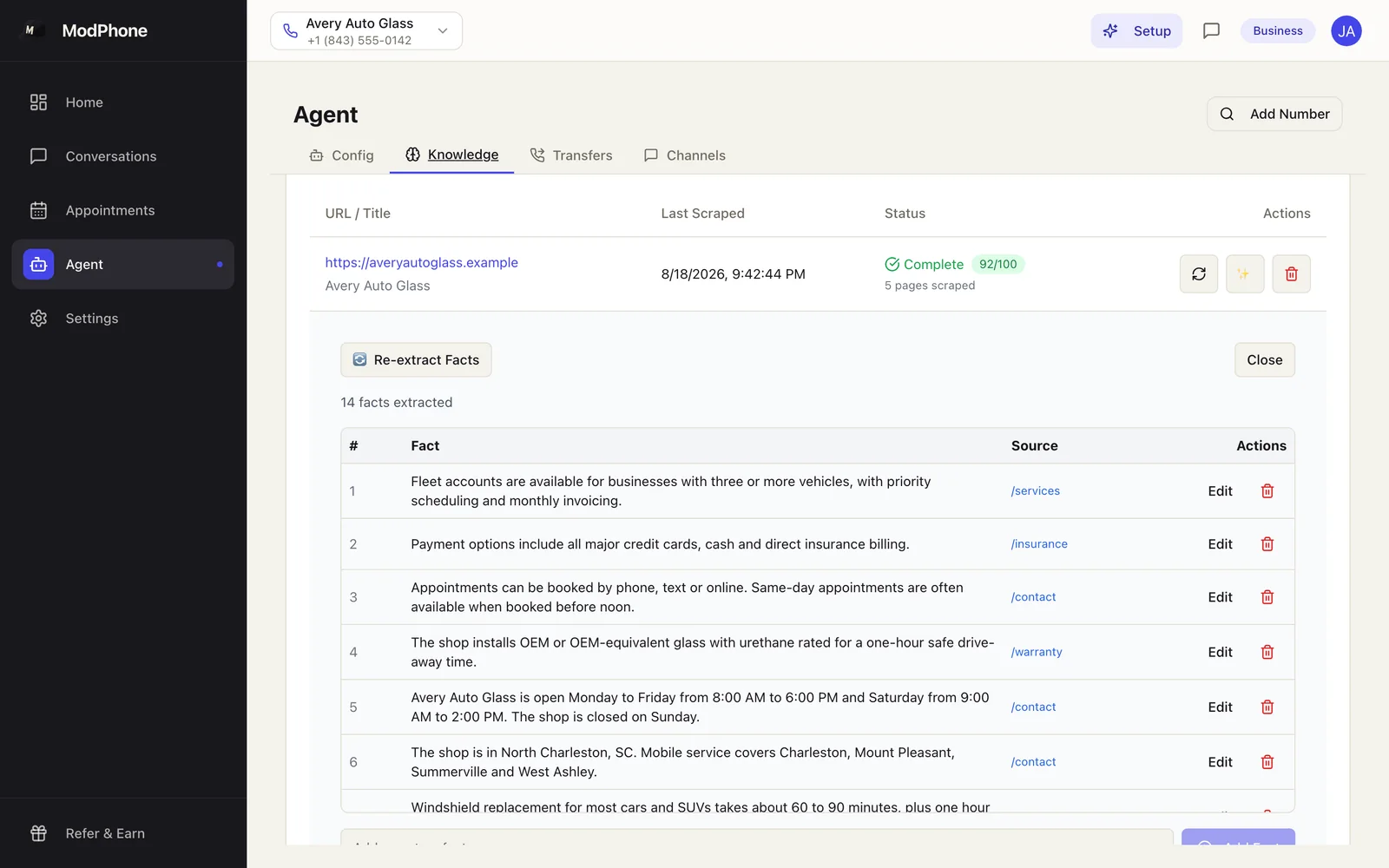 The facts ModPhone learned from a business website, each one editable