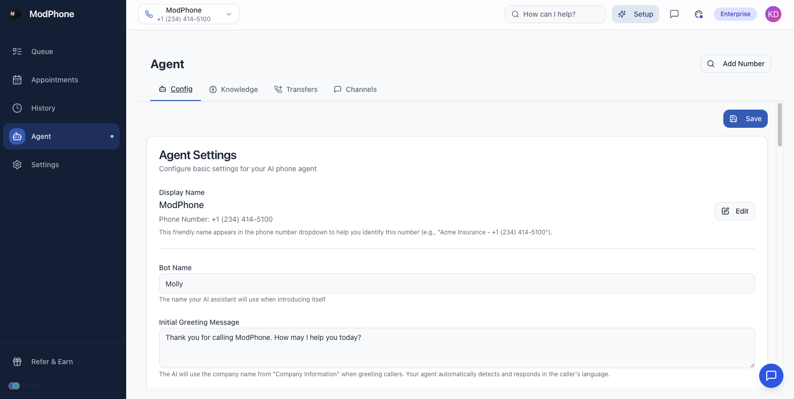 ModPhone dashboard - simple AI agent setup with just a few fields