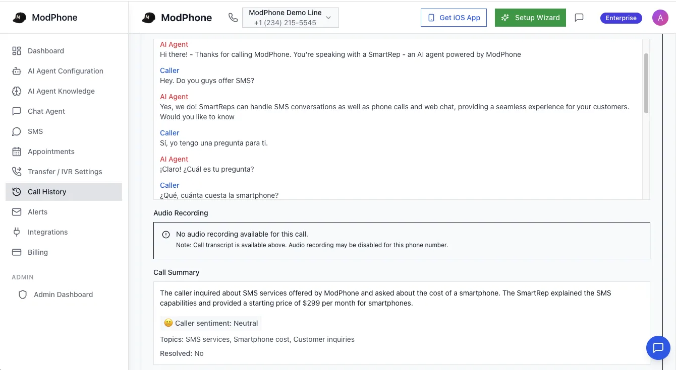 ModPhone dashboard showing live call transcript and booked appointments