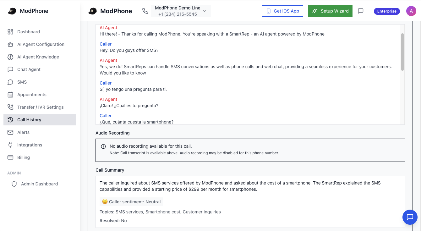 ModPhone dashboard showing live call transcript and booked appointments